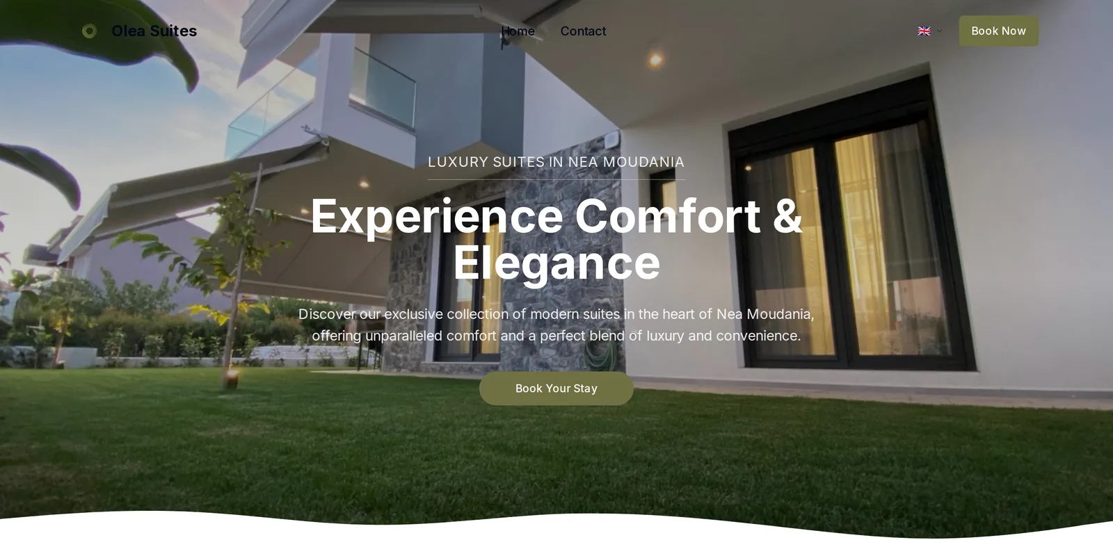The Olea Suites homepage in English: a suite exterior at dusk with the heading Experience Comfort & Elegance and a Book Your Stay button.